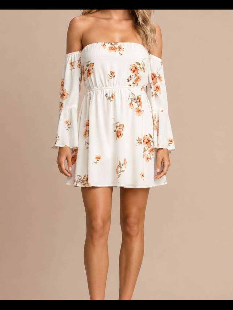 Lulu's Women's Cream Off-Shoulder Floral Mini Dress With Peach Blooms Size Xs